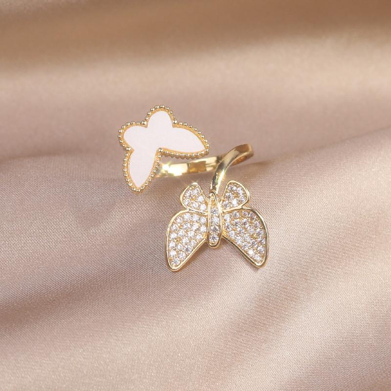 Fashion Jewelry 14K Real Gold Plating Double Butterfly Acrylic Zircon Ring Elegant Women's Daily Opening Adjustable Ring