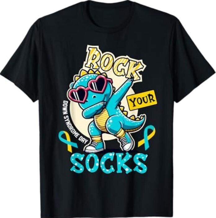 New Rock Your Socks Down Syndrome Awareness Day Dinosaur WDSD T-Shirt L
