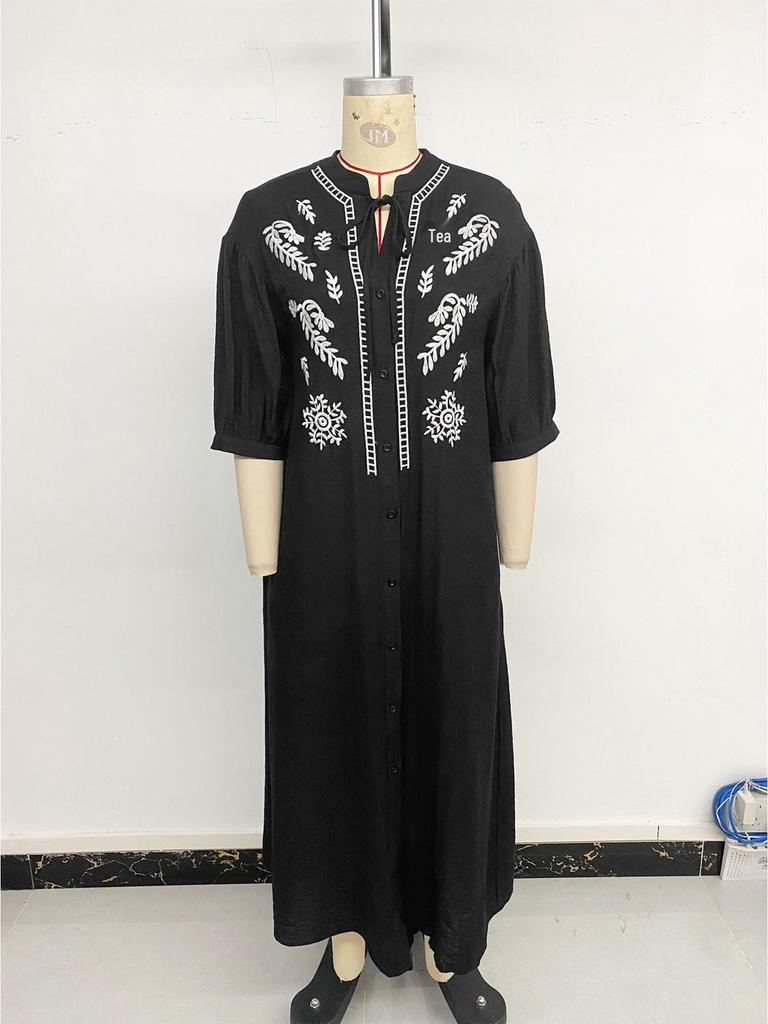 2026 Summer European & American Ethnic-Style Loose Embroidered Five-Sleeve Dress