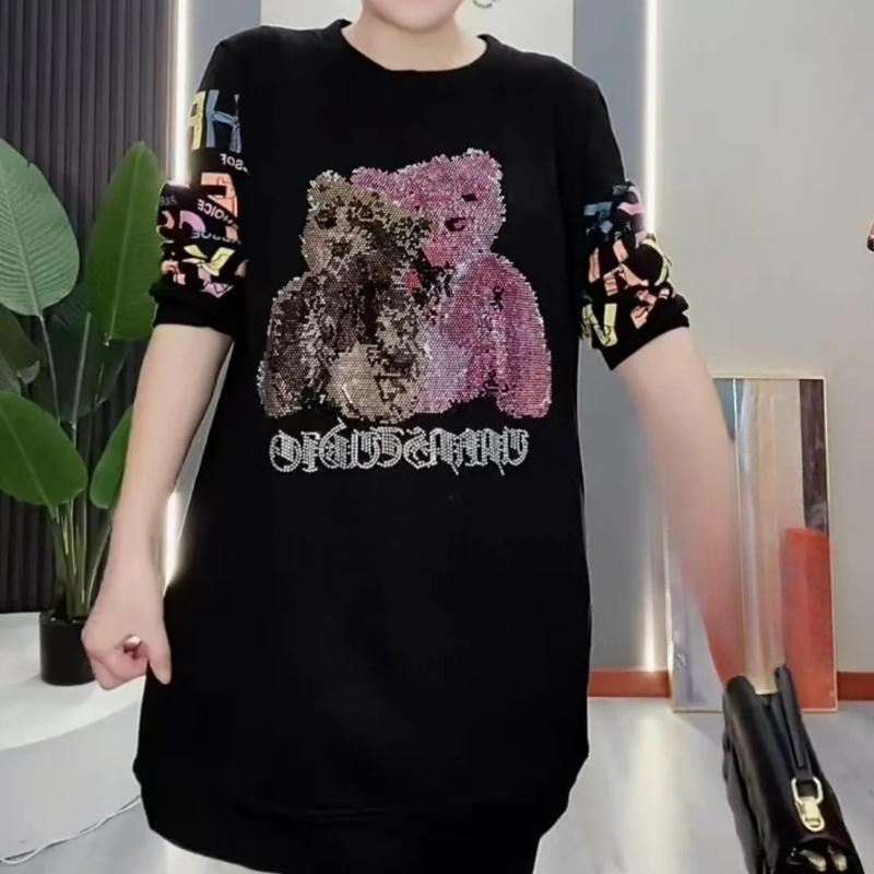 Autumn and Winter Plus Velvet Thickened Fashion Loose Sweater Diamond Bear Round Neck Top Women