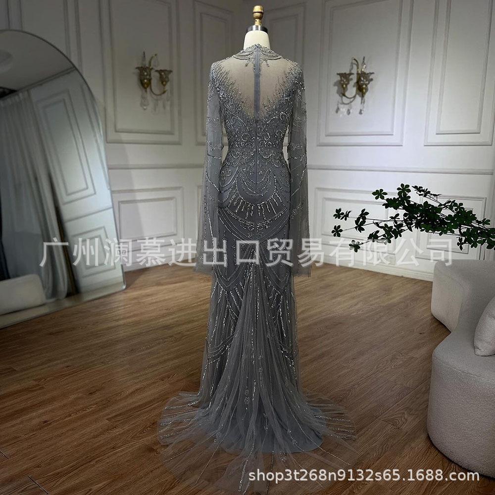 European and American high-end gray elegant long-sleeved fishtail banquet host performance evening dress long dress LA11111