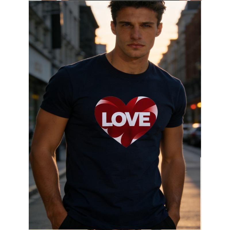 European sizes Men'S T-Shirt with Heart Design And 'LOVE' Slogan, a Short-Sleeved Adult Tee Featuring Love Prints