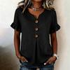Women V Neck Short Sleeve Casual Solid T Shirt Top with Ruffle Sleeves and Button Front Loose Fit Blouse for Daily Wear