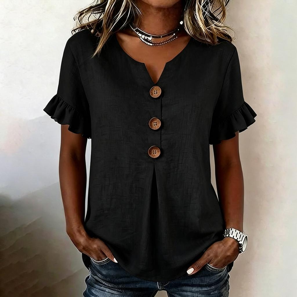 Women V Neck Short Sleeve Casual Solid T Shirt Top with Ruffle Sleeves and Button Front Loose Fit Blouse for Daily Wear