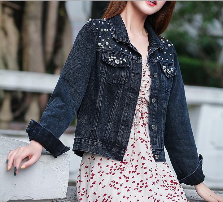Women's Plus Size Beaded Rhinestone Denim Jacket - Light Blue, Loose Fit