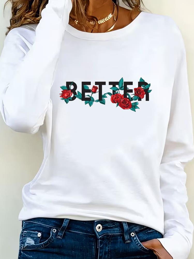 (Asian Size) Tee Lady Printed o-neck trend flower lovely Long Sleeve T Shirt Women Female Clothing Casual Fashion Top Graphic T-shirts