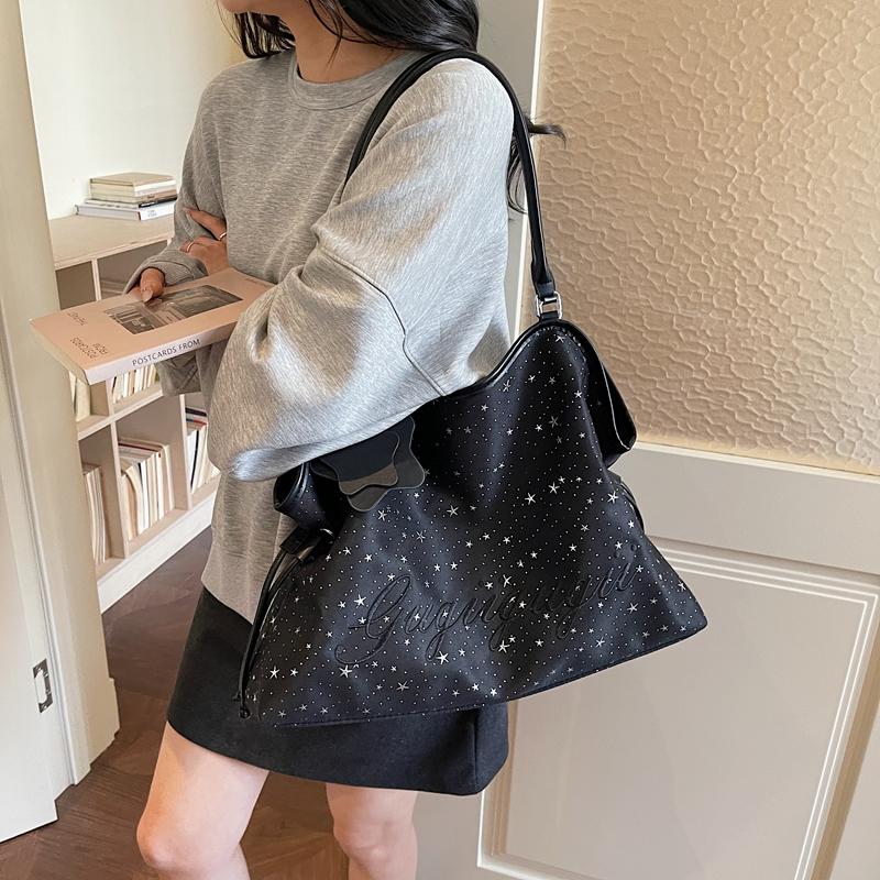 Star Print Tote Bag for Women Fashion Handbag with Star Charm Drawstring Detail