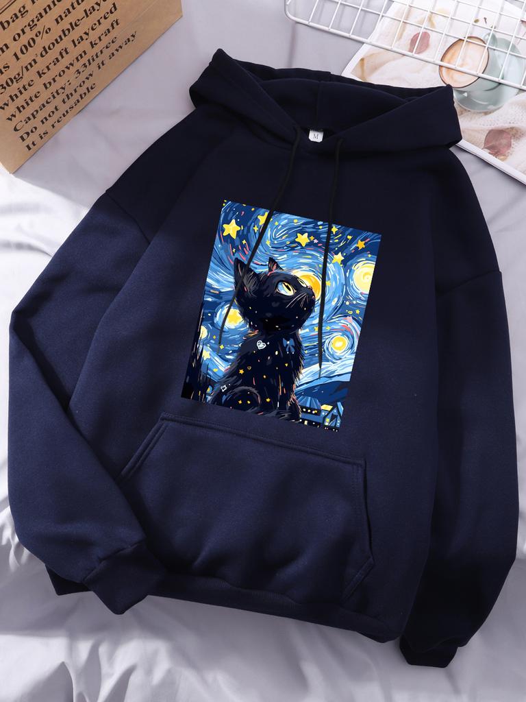 Van Gogh'S Starry Cat Printing Hoodies Women Basics Sporty Hoody Fleece Warm Soft Sweatshirt Casual Pocket Womans Sportswear