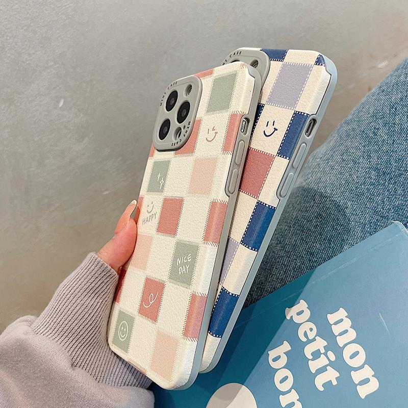 Fashion Plaid Cartoon Smiling Face Phone Case For Iphone 13 12 11 Pro Max X Xr 7 8 Plus Xs Max Back Cover Cute Soft Cases