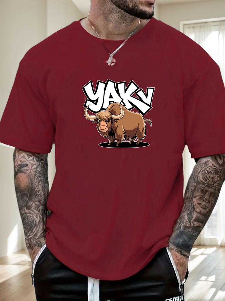 Mens Casual Tshirt Yak Cartoon Print Short Sleeve Round Neck Breathable Soft Oversized Fun Daily Wear Tee