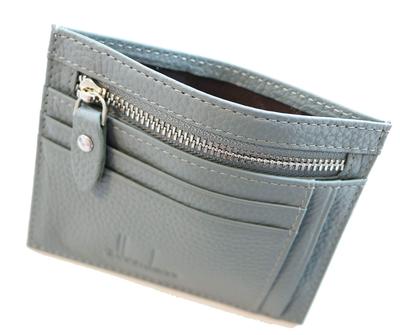 [Zeehana] Genuine Leather Slim Card Case with Coin Compartment (Gray)