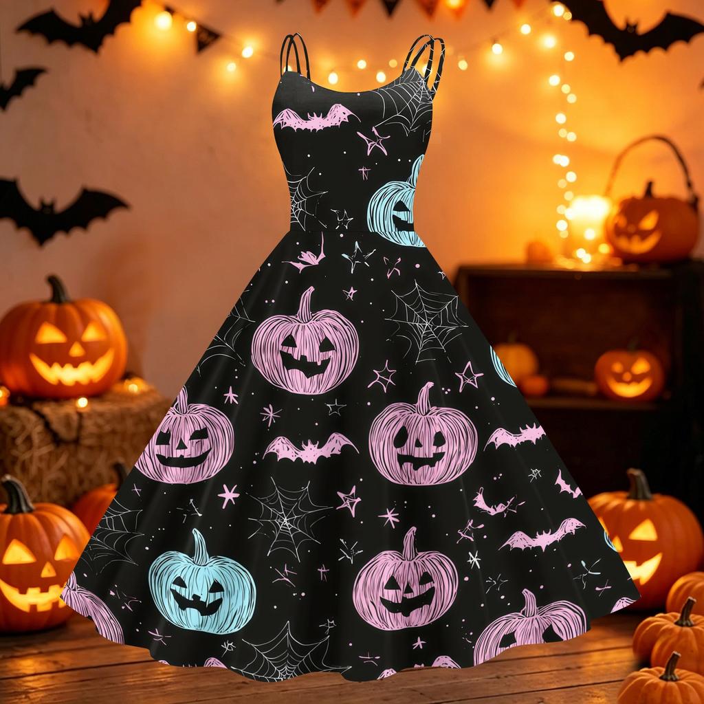 Women Off Shoulder Halloween Print Flared Vintage Dress with Spaghetti Straps and for Party or Casual Wear
