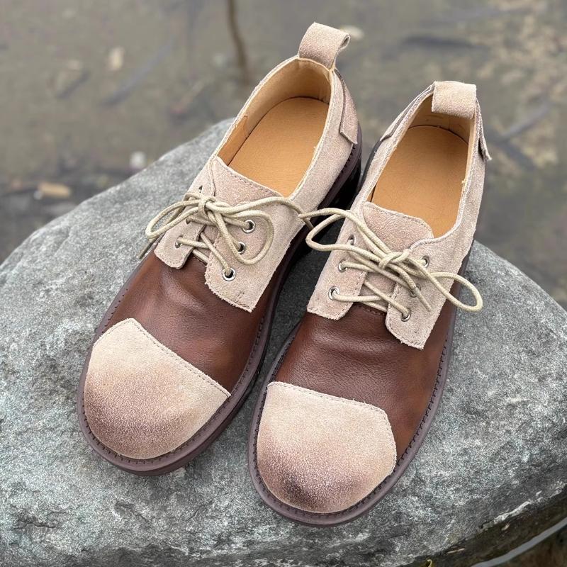 Fashion Retro British Style Leather Shoes Women Fashion Lace Up Patchwork Designer Shoes Comfortable Non Slip Chunky Heel Casual Shoes