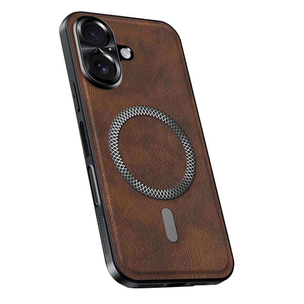 

For iPhone 16 Case Compatible with MagSafe PU TPU PC Phone Back Cover with Metal Lens Frame Brown