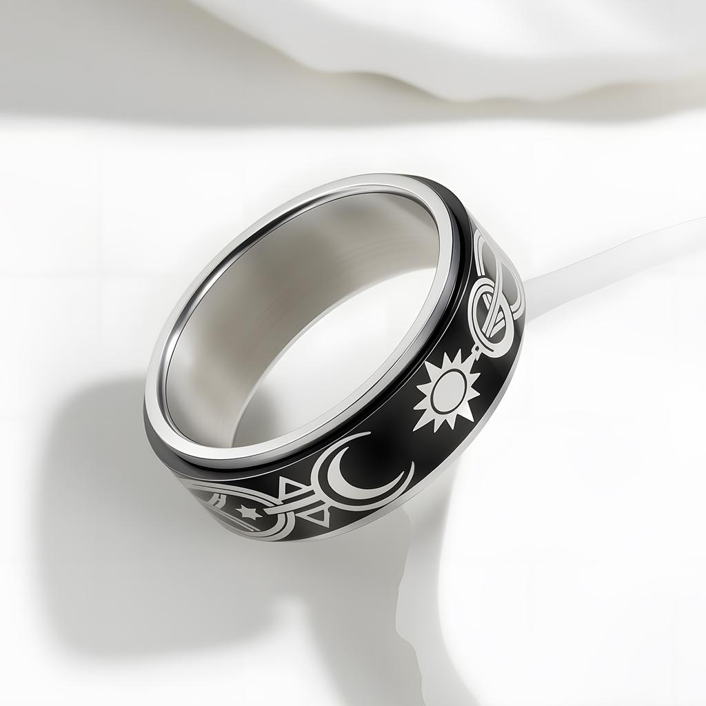 Rotatable Stress Relief Ring Eternal Star And Moon Design Mens Fashion Jewelry