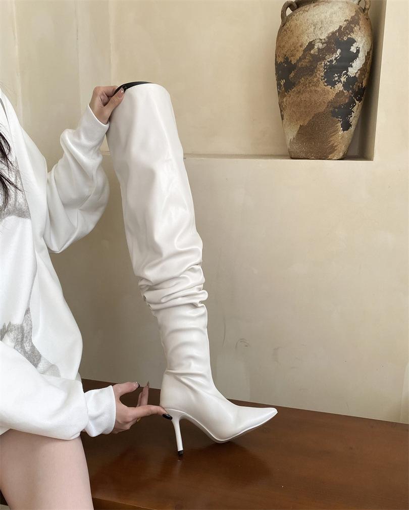 

Мода осень новые остроносые тонкий каблук плиссированные сапоги белые высокие сапоги подиум высокий каблук до колена сапоги-чулки 40 белый