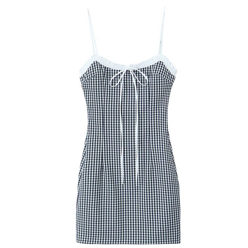 Fashion Style 2024 Summer New Arrival Women's Clothing Plaid Stitching Blue Sling Dress Short Skirt 3152329401