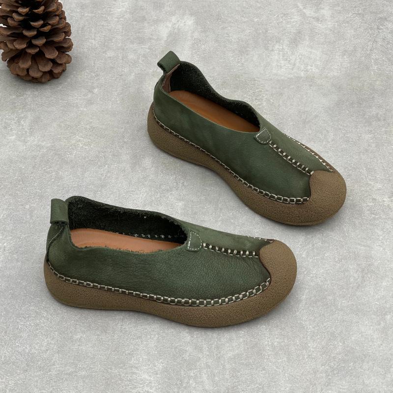 Johnature Retro Handmade Genuine Leather Loafers Soft Soled Cowhide Flat Women's Slip-on Shoes