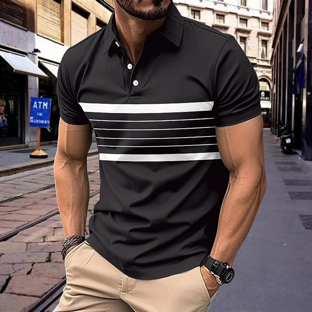 New Men's Casual POLO Shirt Summer Lapel Buttons Striped Casual Versatile T-shirt Tops