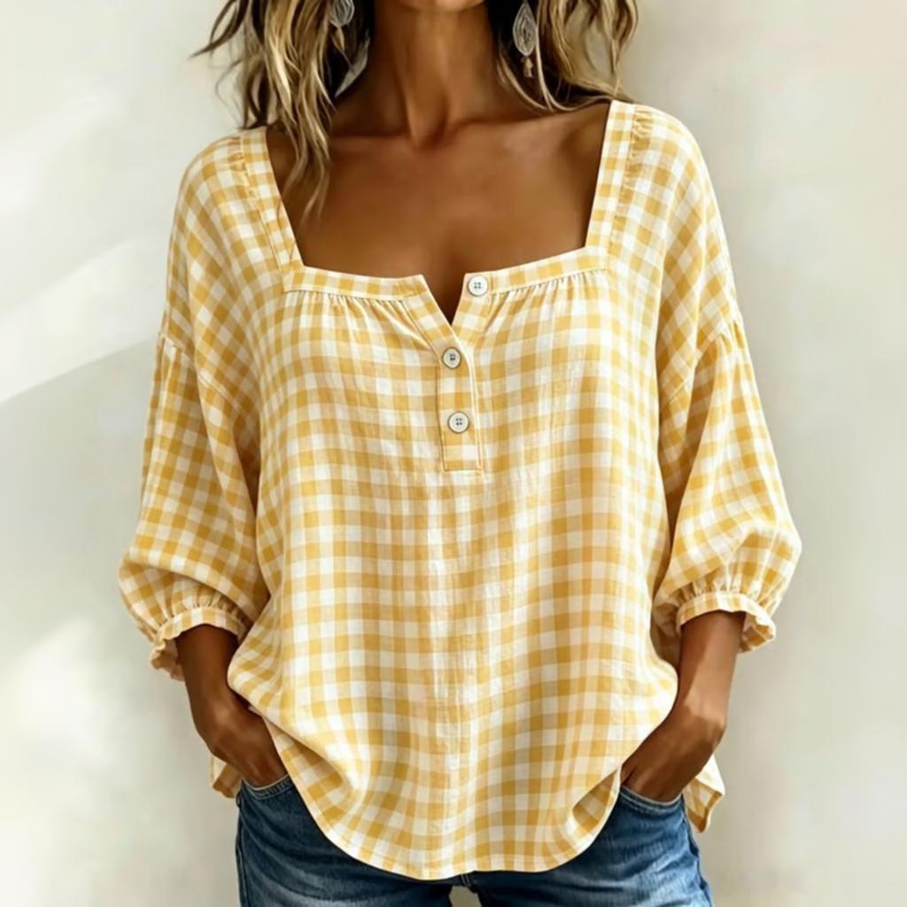 Women's Casual Plaid Three-Quarter Sleeve Loose Fit Top