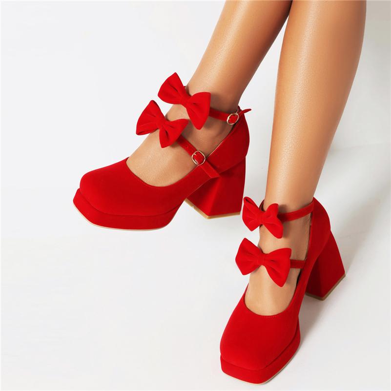 Women Mary Janes Pumps Square Toe Thick High Heels Platform Buckle Bow Glove Shoes Ladies Fashion Shoes Spring Autumn 46