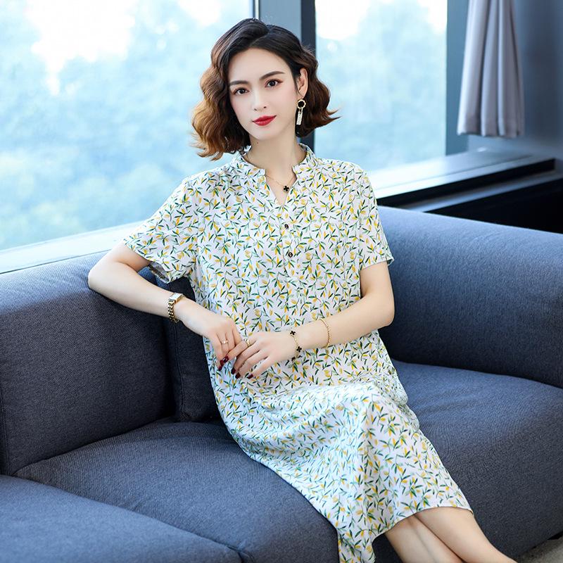 2024 Women's Floral Mid-Length Cotton Silk Slimming Plus Size Skirt Dress