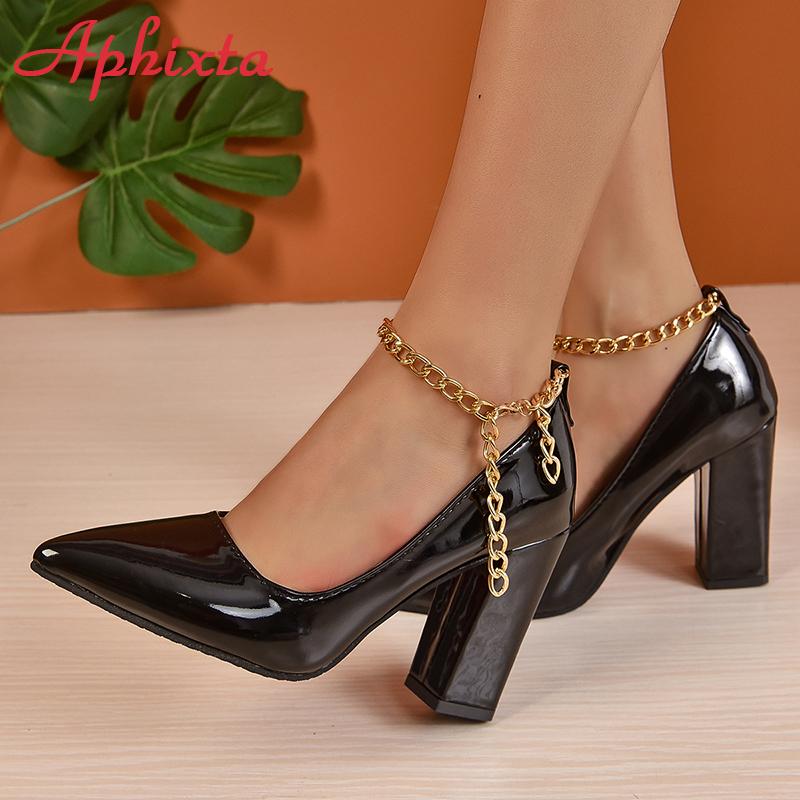 Fashion Aphixta Hot Sale Sexy Super High Heel 10cm Square Heels Pumps Women Gold Metal Chain Ankle Strap Shoes Pointed Toe Big Size50 53