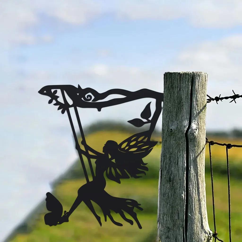 1pc Metal Swing Elf On Branch - Whimsical Steel Silhouette Wall Art & Garden Stake | Outdoor Patio, Yard, Home Decor