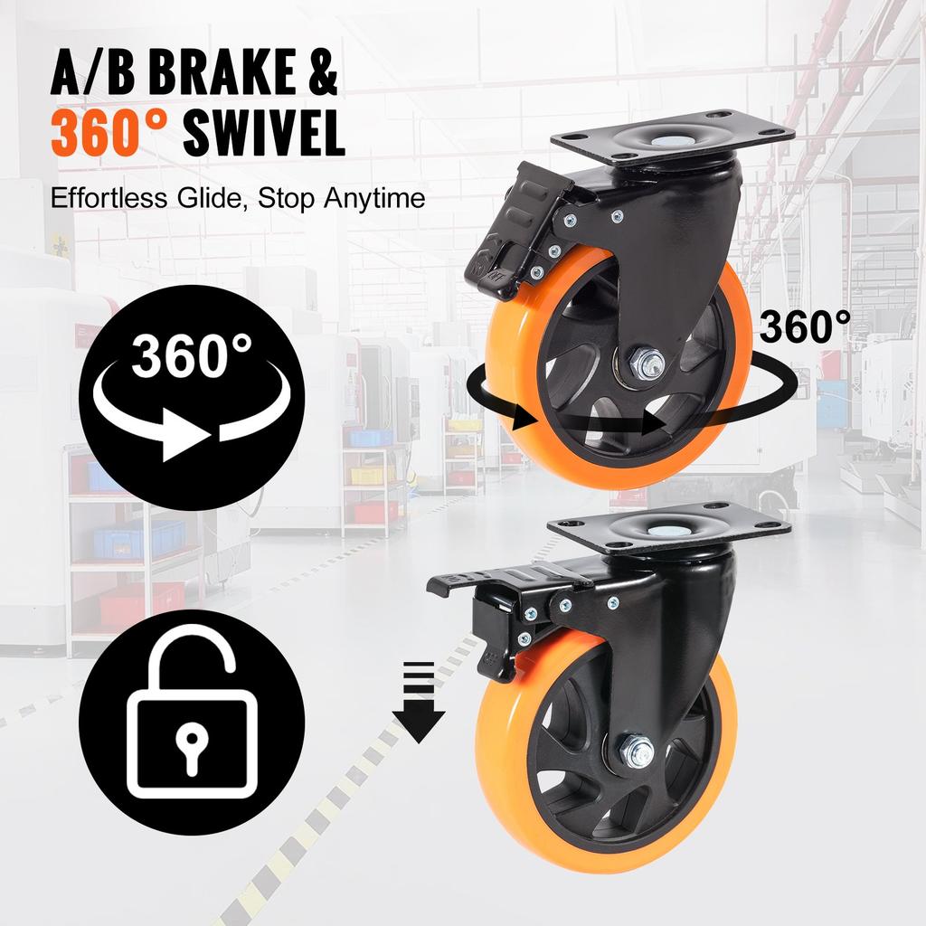 VEVOR Caster Wheels, 12.7 cm Swivel Plate Casters, Set of 4, with Security A/B Locking No Noise PVC Wheels