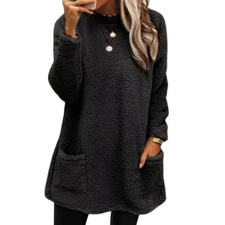 Warm Winter Hoodie Jacket Stylish Women Mid-length Fleece Shearling Thickened Solid Color Pocket Outwear