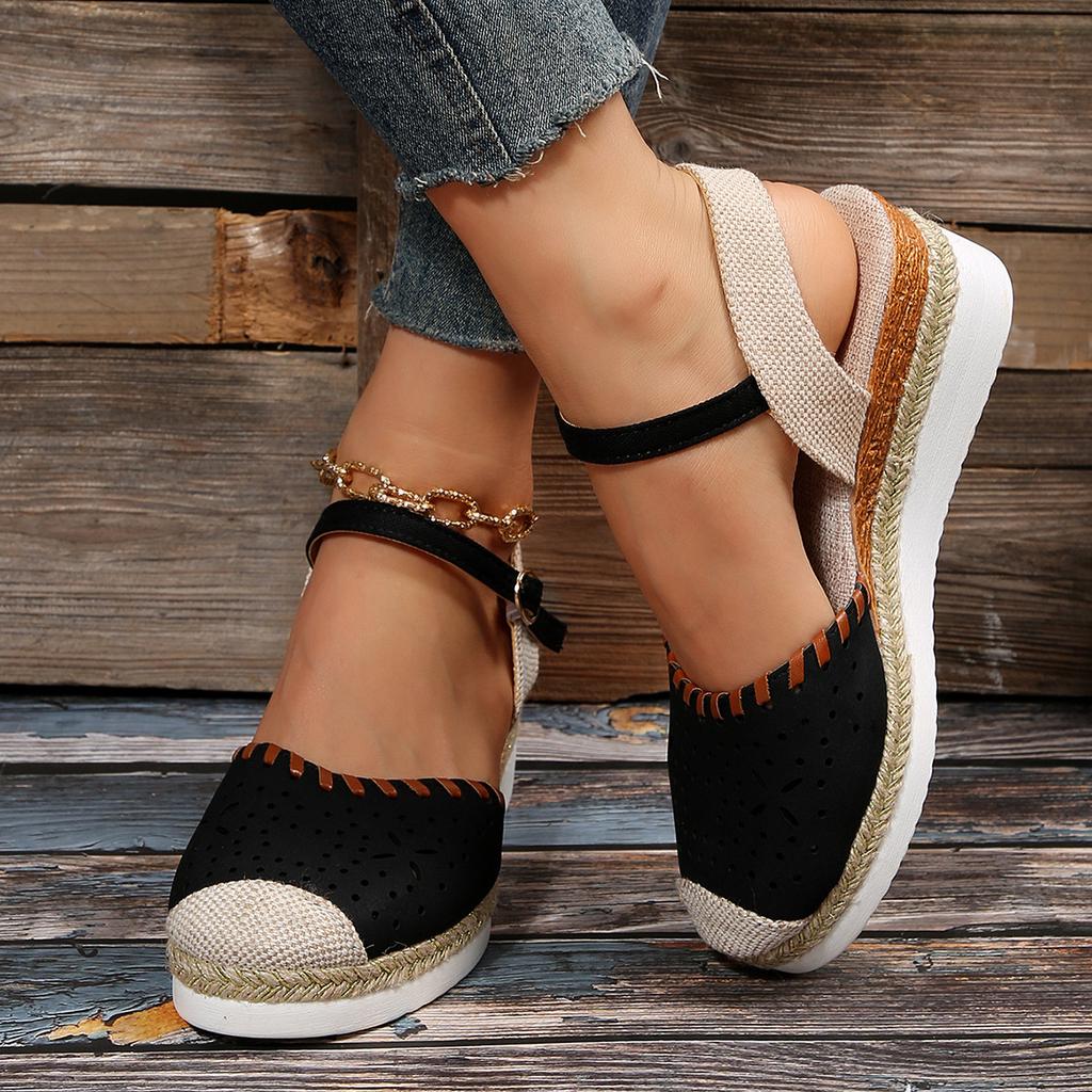 Große Farbabstimmung Tasche Kopf Hinten Leer Sandalen Keilabsatz Leichte Hanfseil Geflochtene Schnalle Plateau-Sandalen
