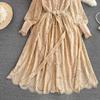Mode Lässig Khaki Spitze Hemd Kleid frauen Laterne Hülse Einreiher Blumen Gürtel Aushöhlen Häkeln Party Kleider