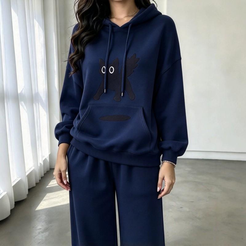 Womens Casual Hoodie Sweatshirt Set Black Cat Print Loose Fit Loungewear