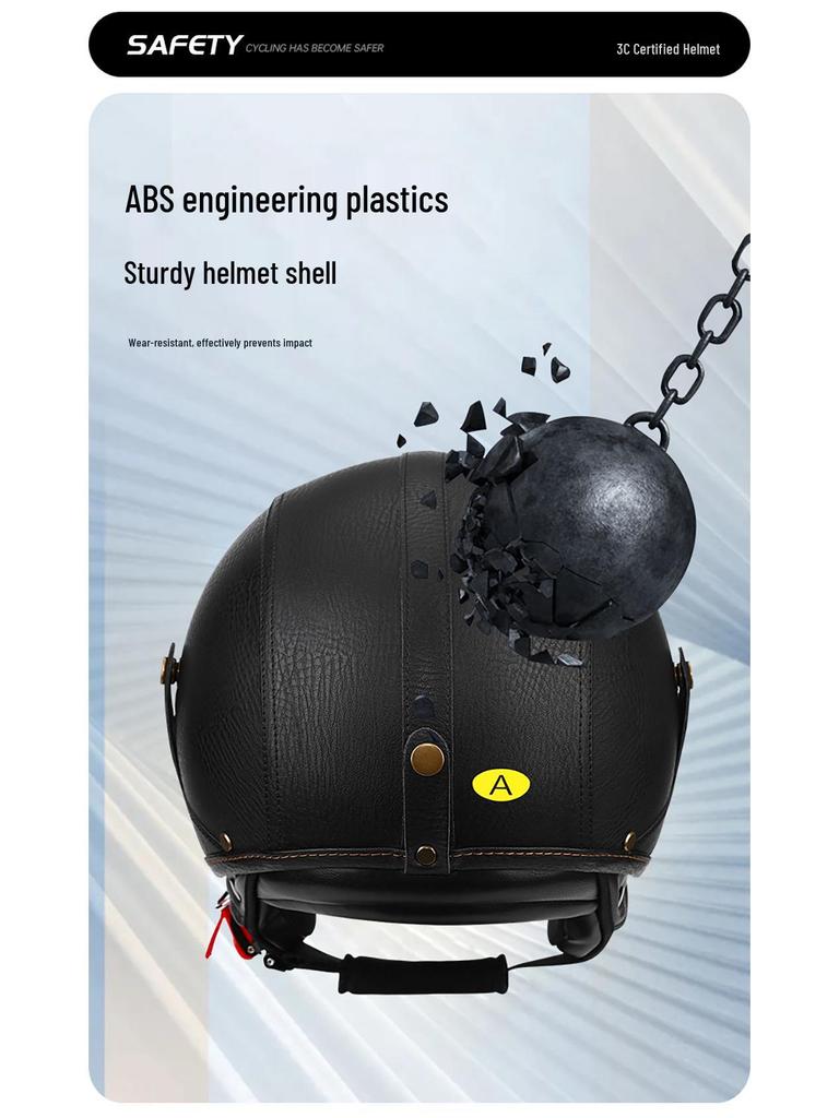 3C Certified Retro Motorcycle Half Helmet, Unisex Leather 3/4 Helmet, All-Season Warm Safety for Motorbikes & Electric Vehicles.