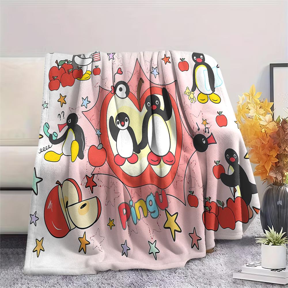 1PC PINGU Print Flannel Blanket, High quality All Seasons, Home Decor, Warmth and Comfort, Perfect for Christmas Gifts
