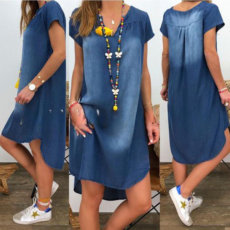 Ladies' Casual and Solid Color V-neck Short Sleeved Denim Dress
