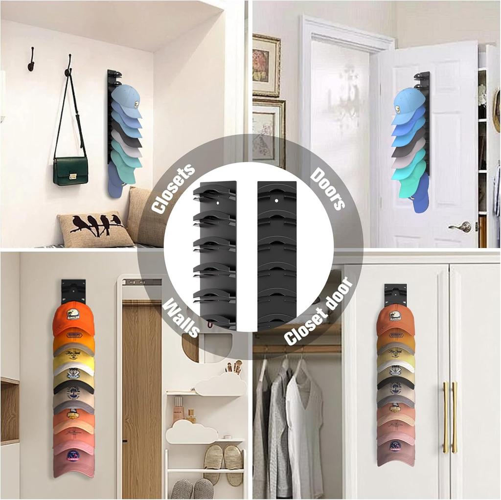 Hat Organizer for Baseball Caps 2Pack, Hat Rack for Wall with Strong Adhesive Hold up to 20 Hats, Hat Hanger Holder Display for Door Closet