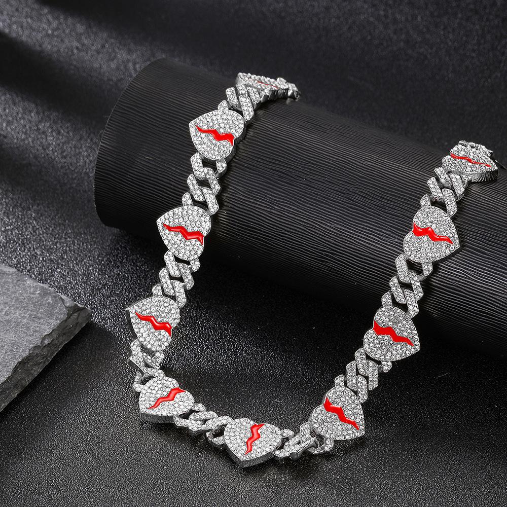 Hip Hop Broken Love Heart Rhombus Cuban Chain Bracelet Men Women 12mm Iced Out Alloy Inlaid Rhinestone Necklaces Fashion Jewelry