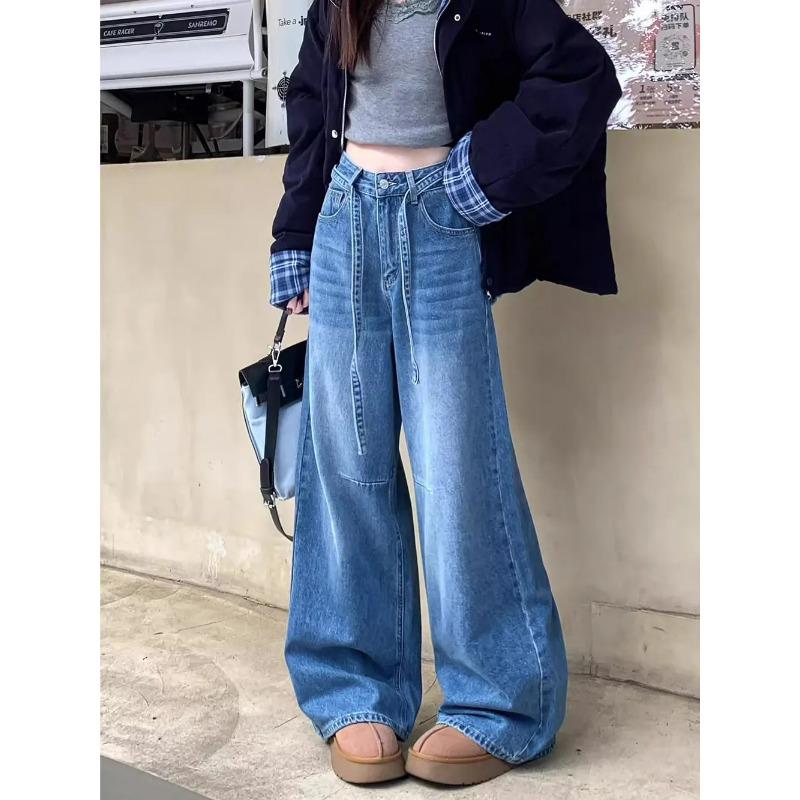 

Women s High-Waisted Drawstring Wide-Leg Jeans S синій