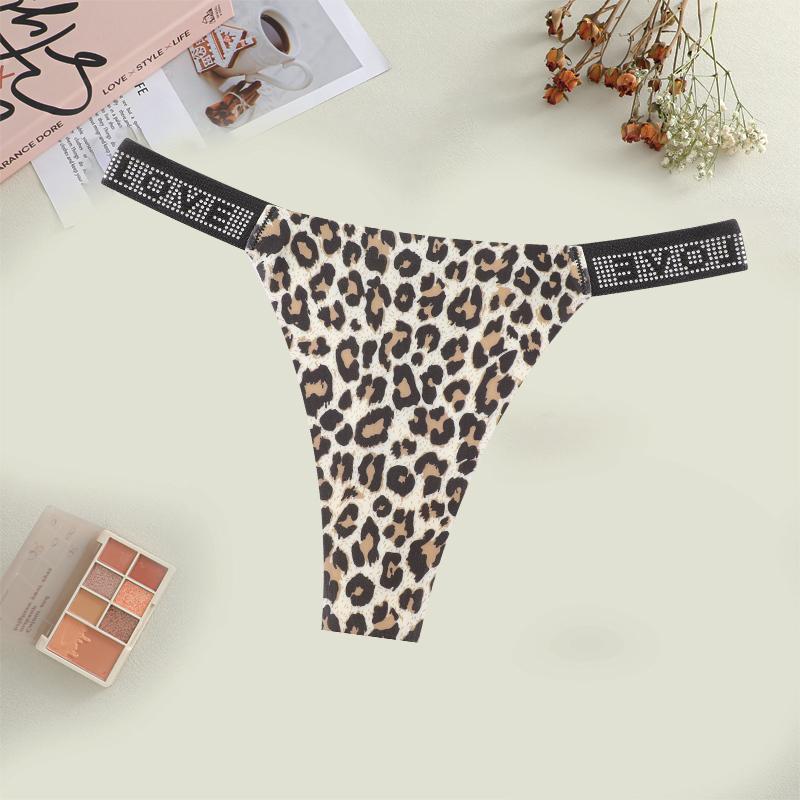 Women's Sexy Leopard Underwear Rhinestone Letter Belt Thongs Female Seamless Stretchy Panties 14 Colors Low-Waisted Lingerie