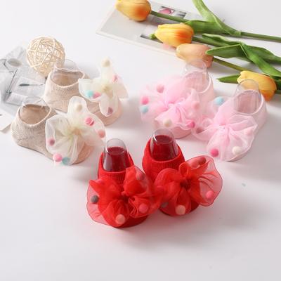 Fashion Baby Gauze Bow Girls Pompoms Princess Socks Rubber Anti-slip Newborn Infant Socks Little Girl Socks 0-3years Old