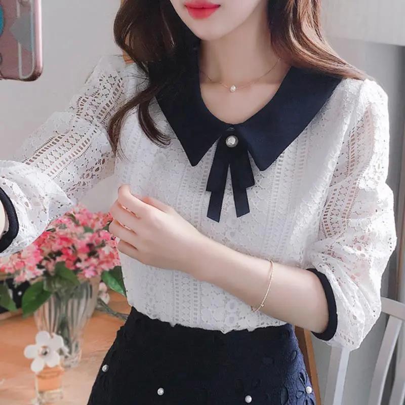 Women's Spring Lace Style Blouses Solid Color Plus Size Elegant Peter Pan Collar Tops