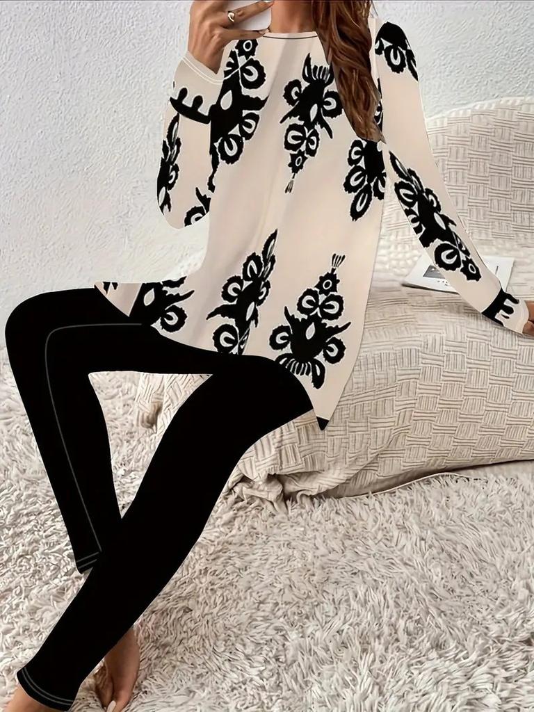 Women's clothing European and American casual ethnic printing pullover round neck large size long-sleeved women's T-shirt set WA11 + WC1
