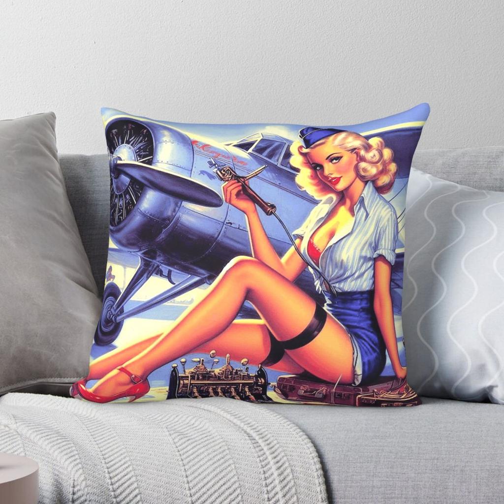 Retro Airplane PinUp Pillowcase Polyester Linen Velvet Printed Zip Decor Pillow Case Home Cushion Case