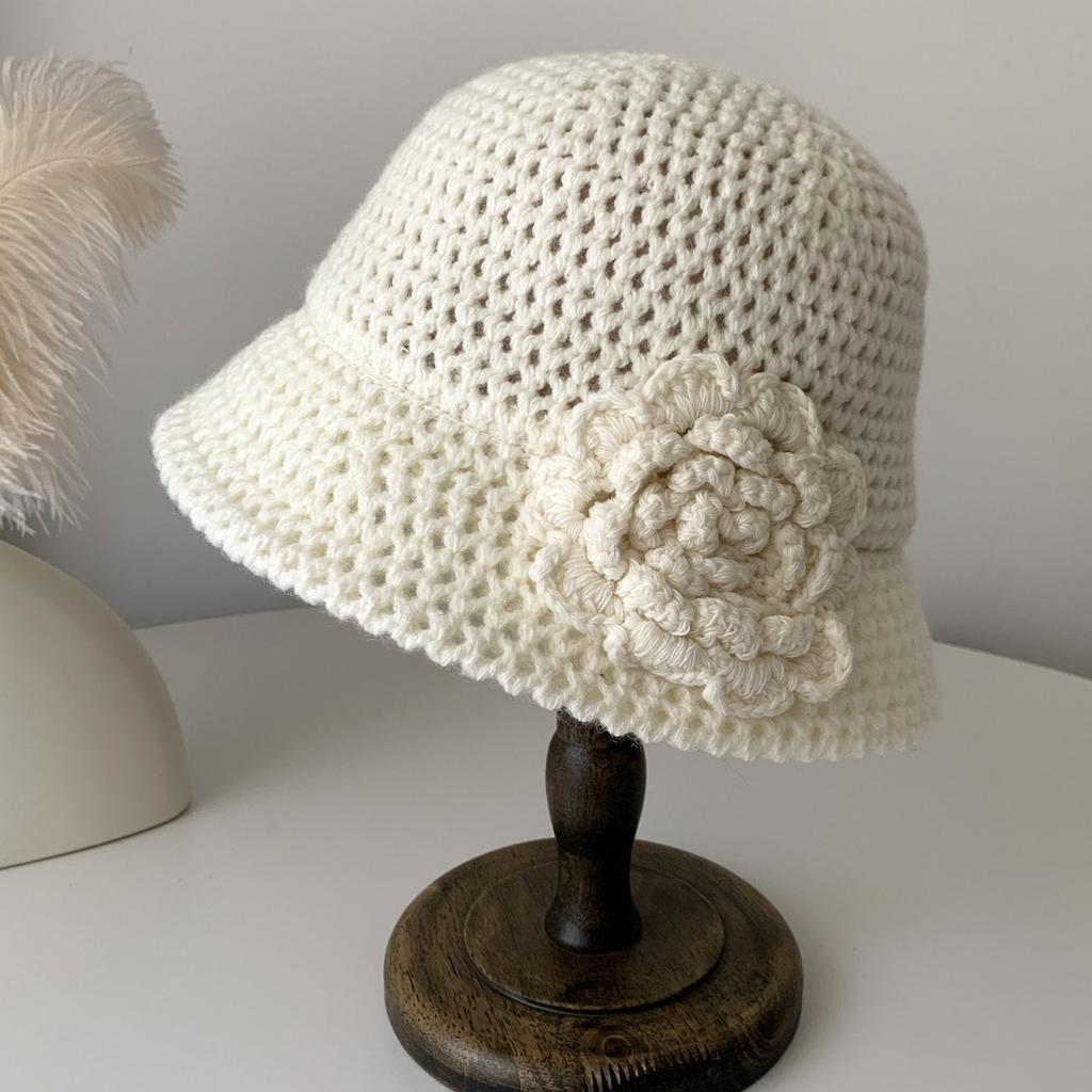 Korean Early Spring New 3D Flower Knitted Fisherman Hat Women Autumn Winter New Show Small Face Handmade Wool Bucket Hat