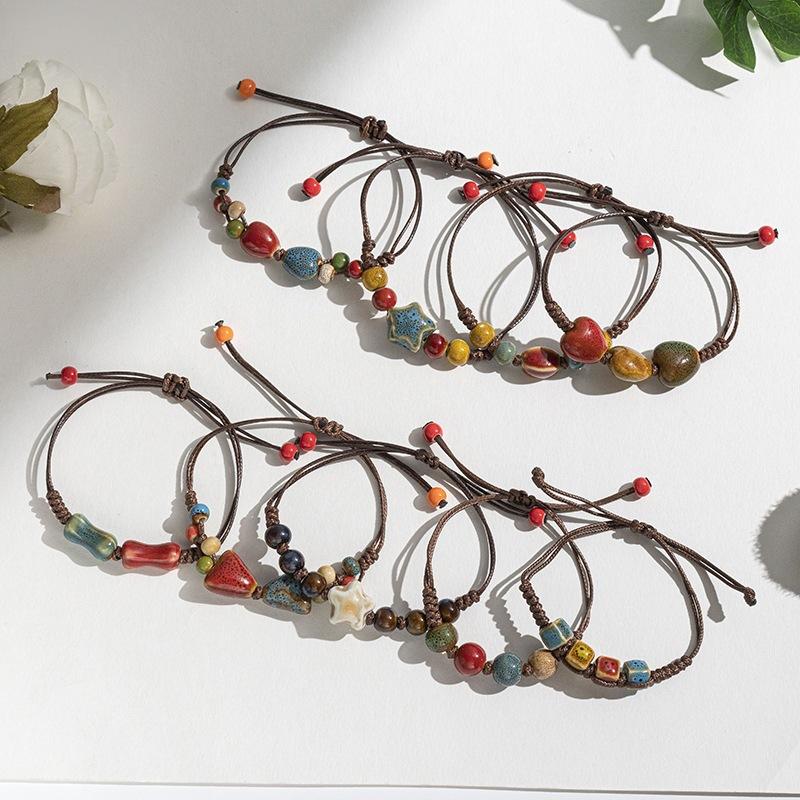 Retro Ethnic Style Ceramic Bracelet - Chinese-style Colorful Porcelain Beads Woven Bracelet
