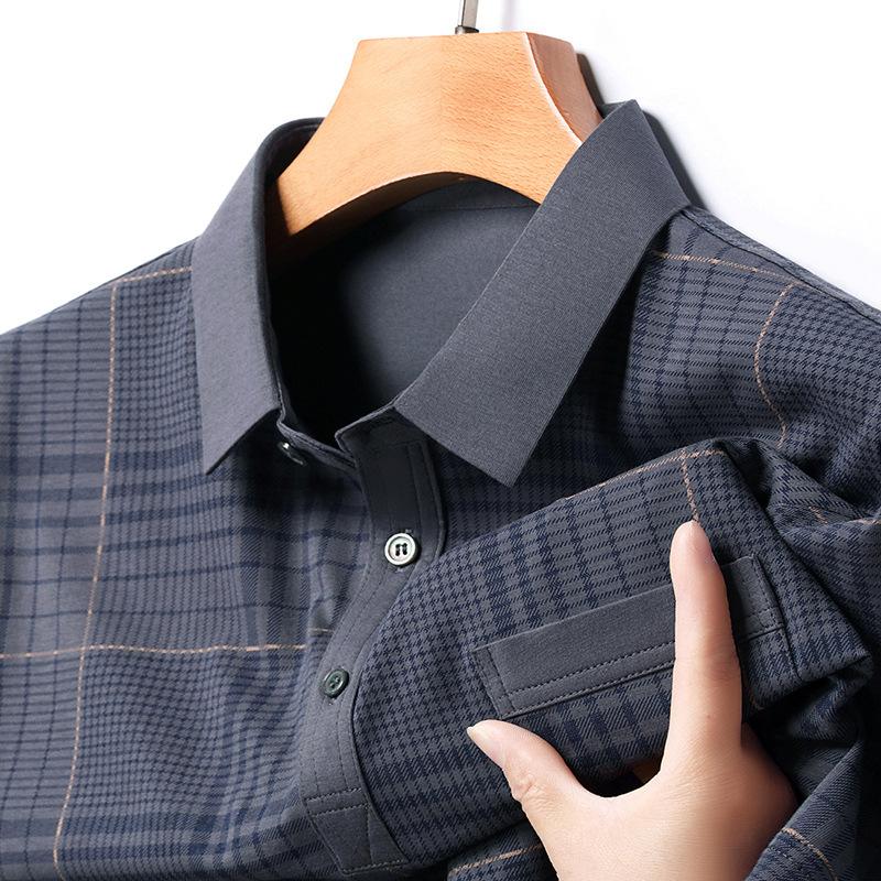 Herren Revers Kurzarm T-Shirt Kariert Dünn Business Casual Poloshirt mit Tasche