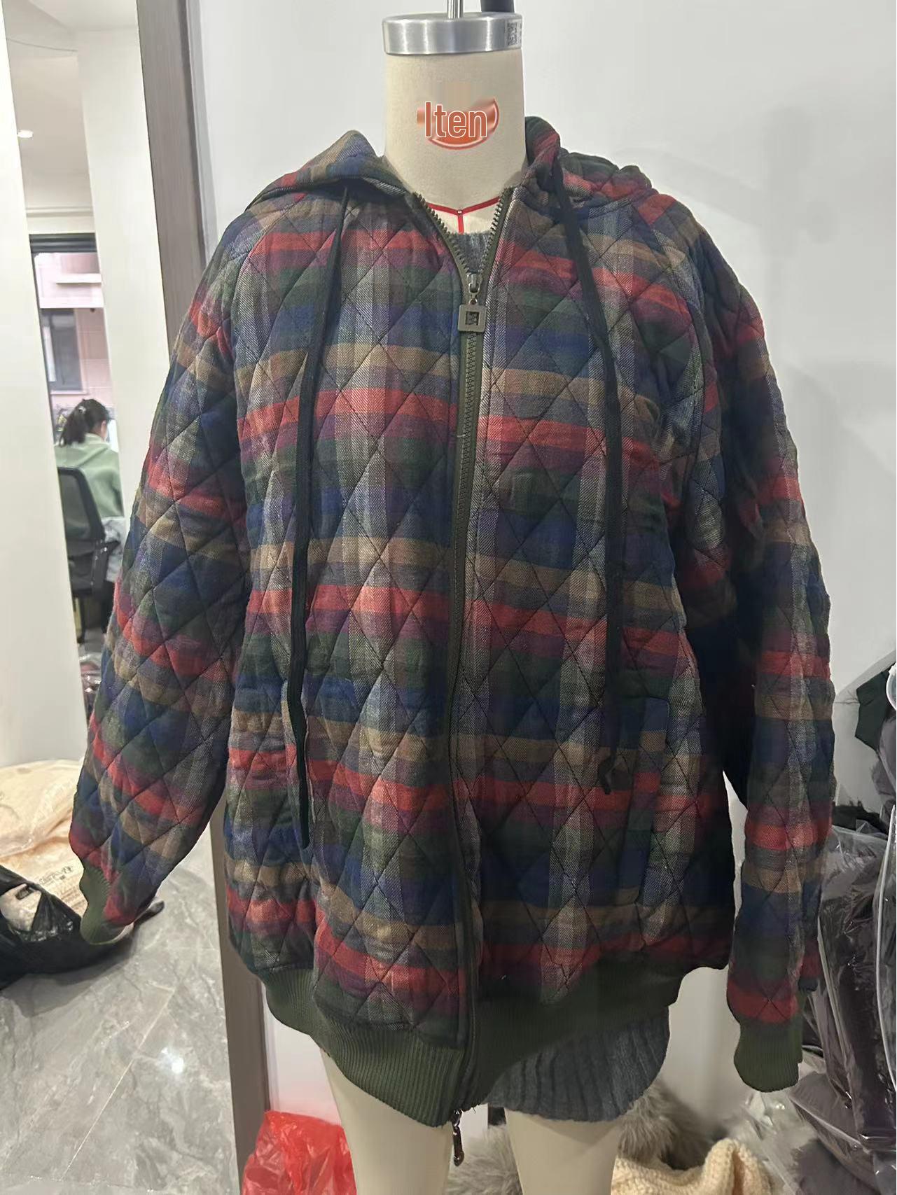 

Новое льняное хлопковое пальто в клетку свободного кроя с капюшоном на молнии 2024 One size как