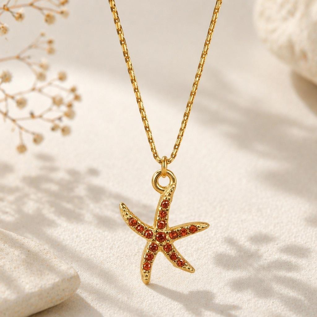 Women's 18K Gold Plated Stainless Steel Necklace with Zircon Inlaid Starfish - European and American Ocean Style