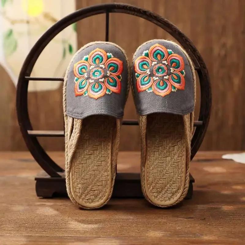 Fashion 2025 Women Casual Linen Handmade Embroidery Mules Flat Slippers Retro Vegan Summer Ladies Canvas Comfortable Espadrille Shoes